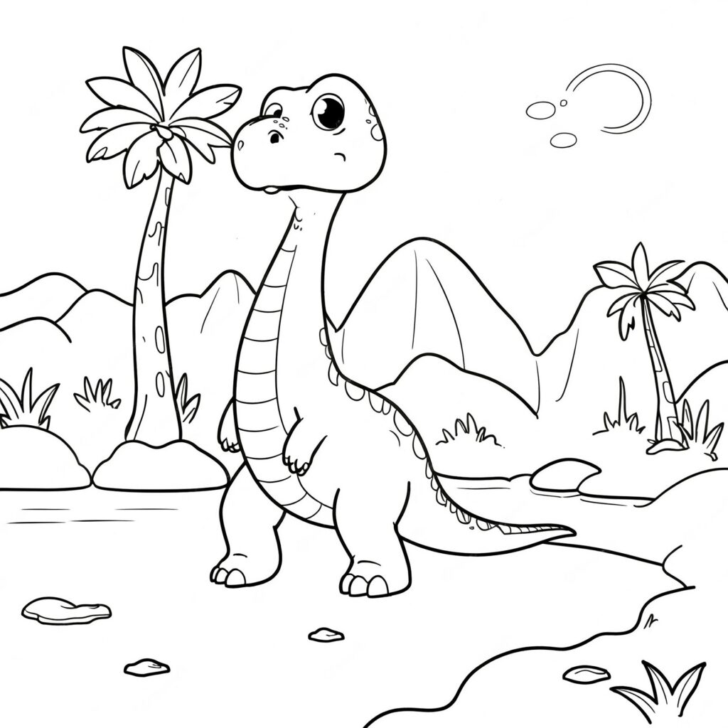 Brontosaurus vid sjön i förhistorisk miljö