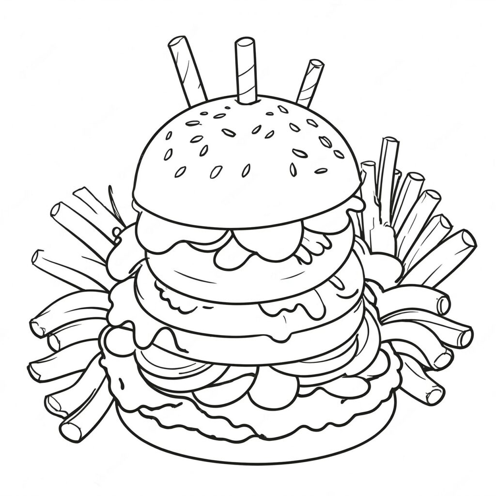Färgglad hamburgare med krispiga pommes