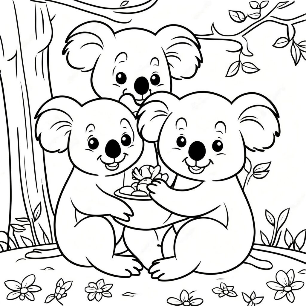 Koalafamilj på picknick i trädkronan